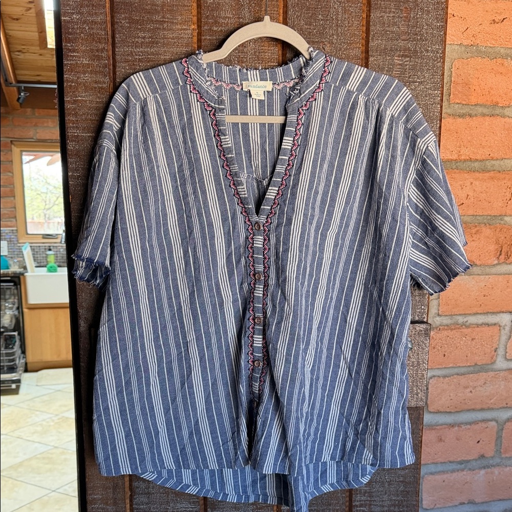 Sundance blue striped tunic oversized relaxed fit womens size small boho coastal